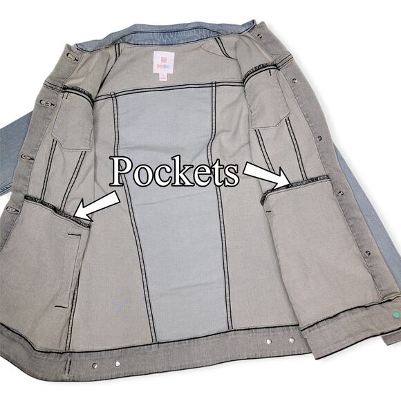 LuLaRoe Jaxon Denim Jacket Small Two-Tone Grey Blue Wash Stretch Jean Coat - Picture 8 of 13